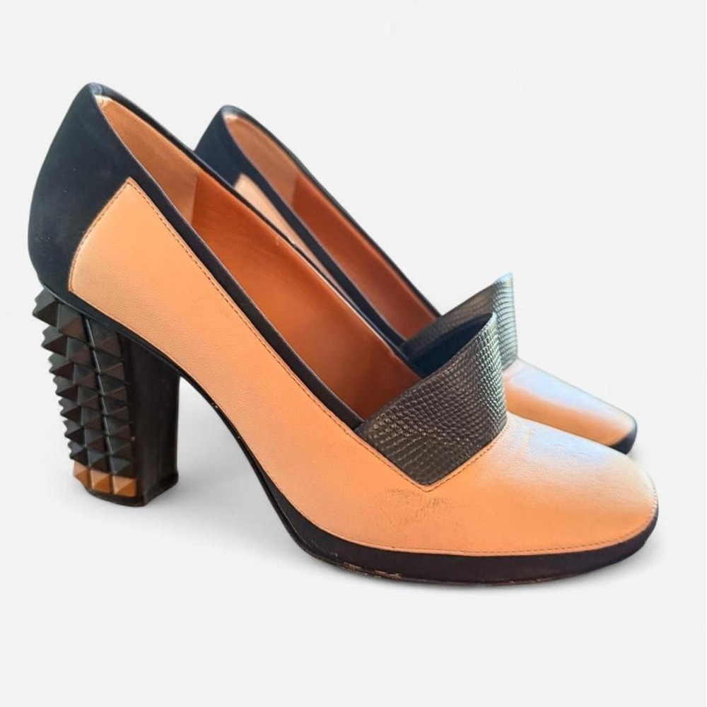 Fendi Studded‎ Block Heel Loafer Pumps Tan Navy Black Leather Square Toe Size 36